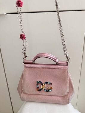 Dolce & Gabbana Mini Miss Sicily Metallic Pink Crystal DG Shoulder Bag